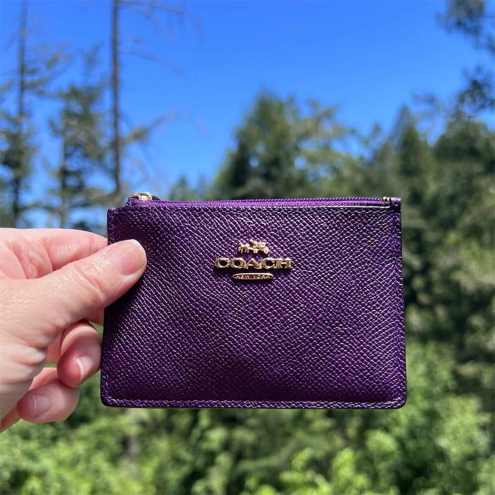COACH Crossgrain Leather Purple Mini Skinny ID Case Keychain Wallet Gold Hardwre
